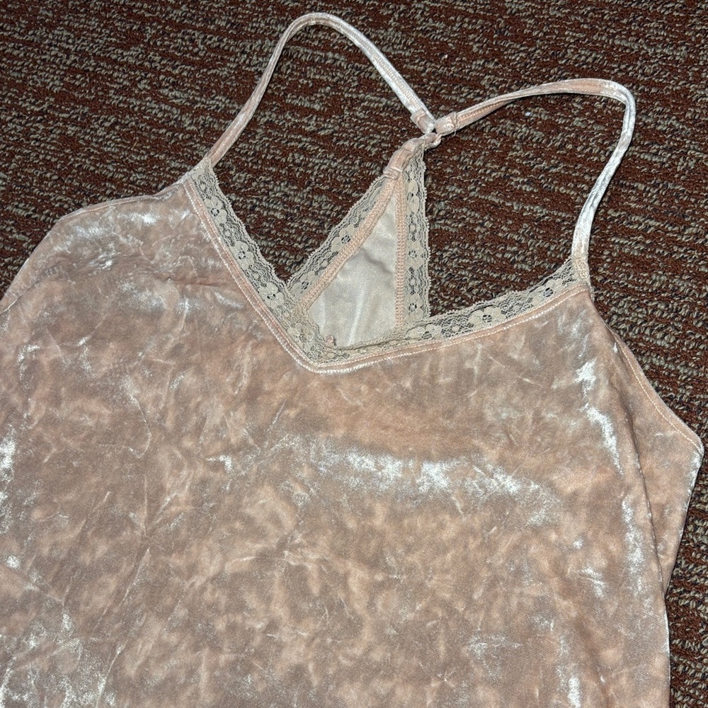 LALA sleepwear metallic pink crushed velvet v-neck lace trim slip dress Large